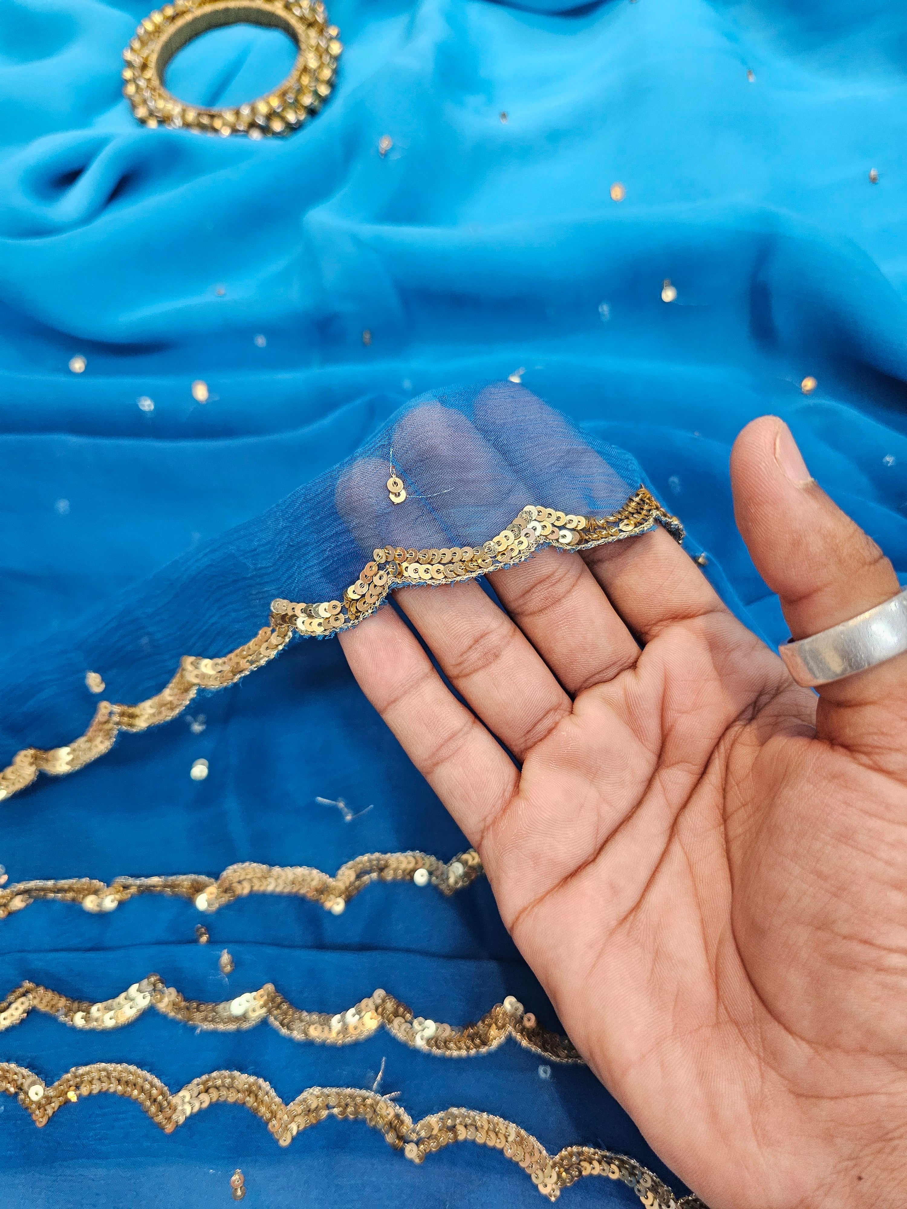 AZURE ROYALTY BLUE CUTWORK BORDER CHIFFON SAARE