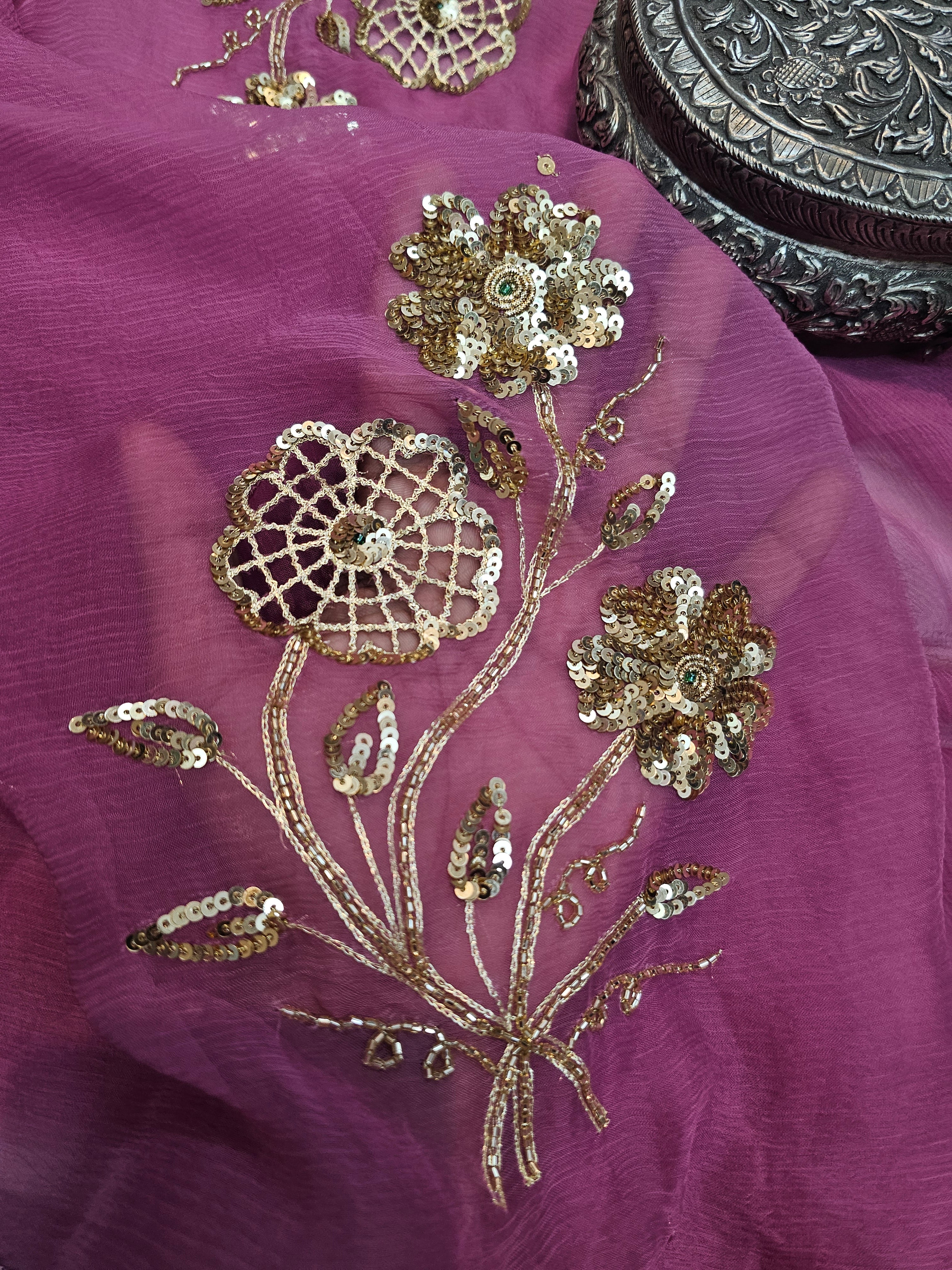 GULZAAR DEEP MAUVE CHIFFON SAARE