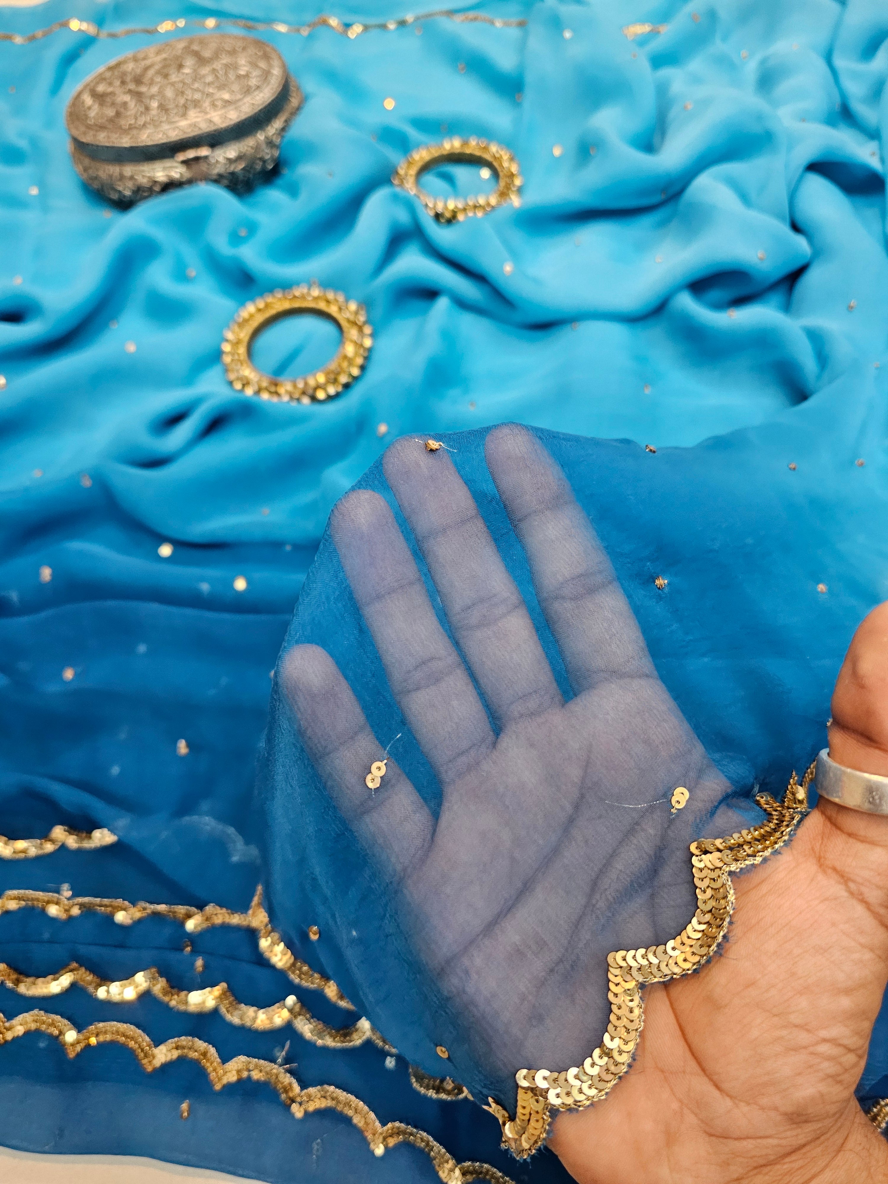 AZURE ROYALTY BLUE CUTWORK BORDER CHIFFON SAARE