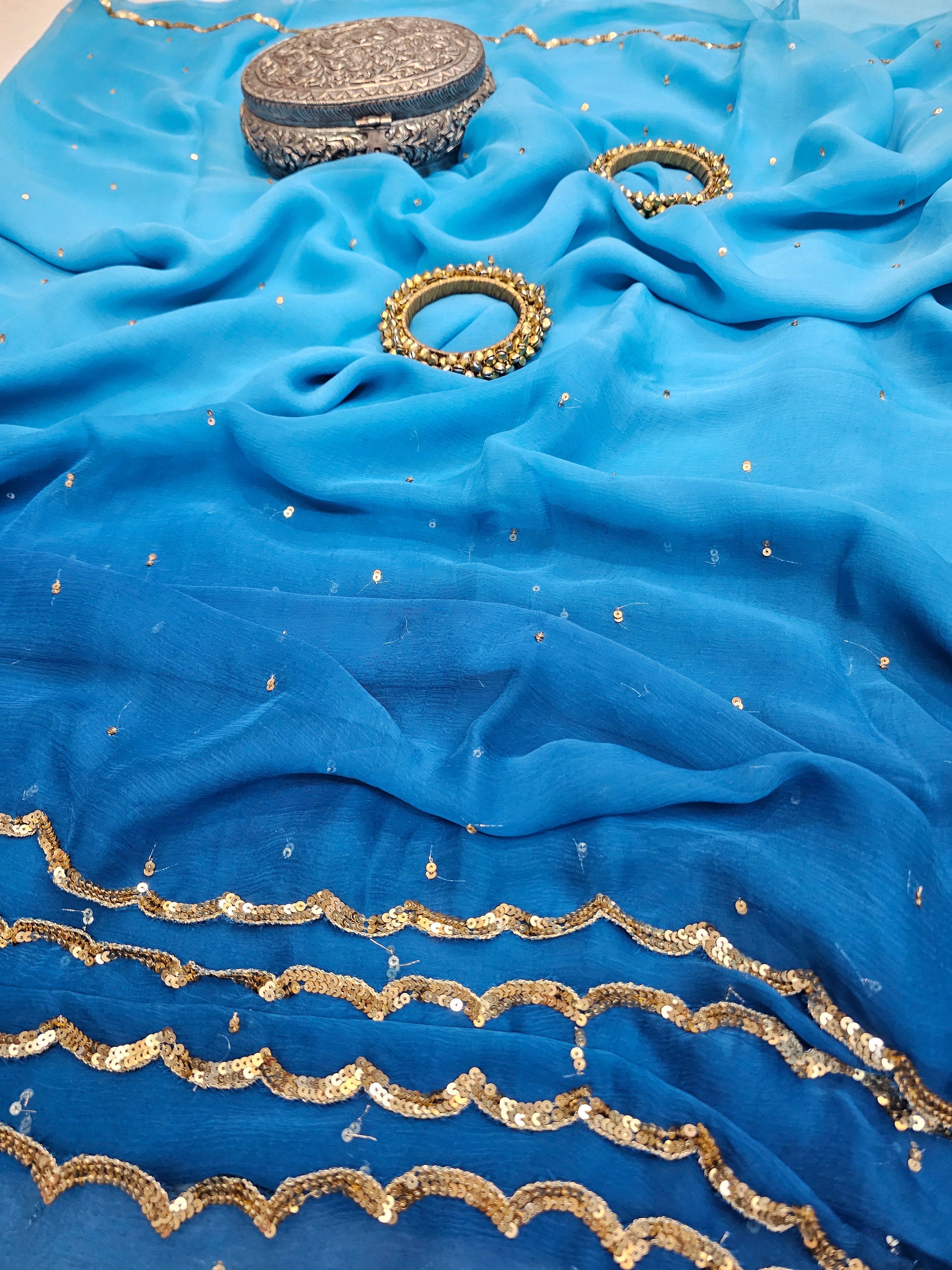 AZURE ROYALTY BLUE CUTWORK BORDER CHIFFON SAARE