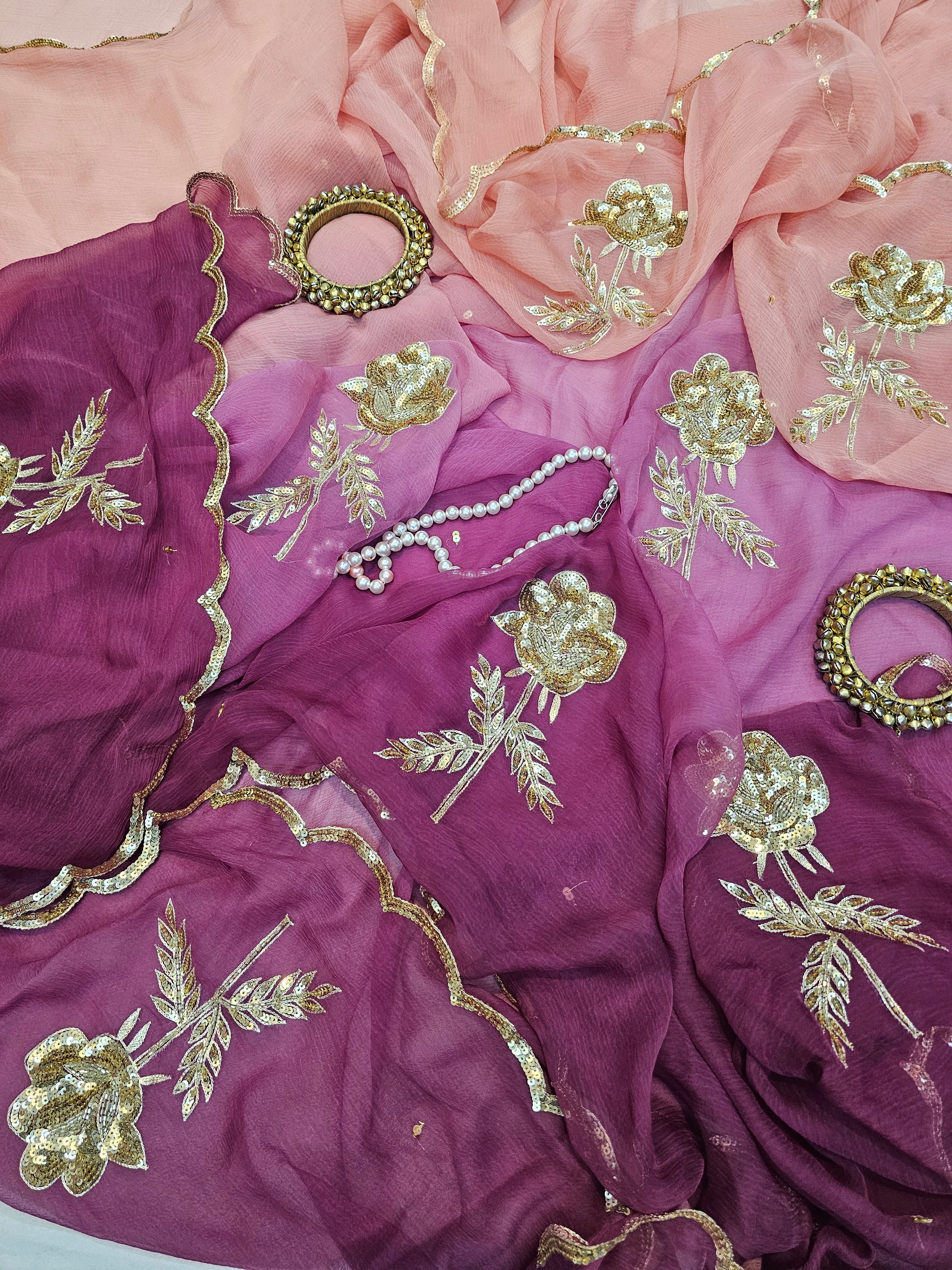 CUTWORK BORDER GULAAB MOTIF/BUTA CHIFFON SAARE