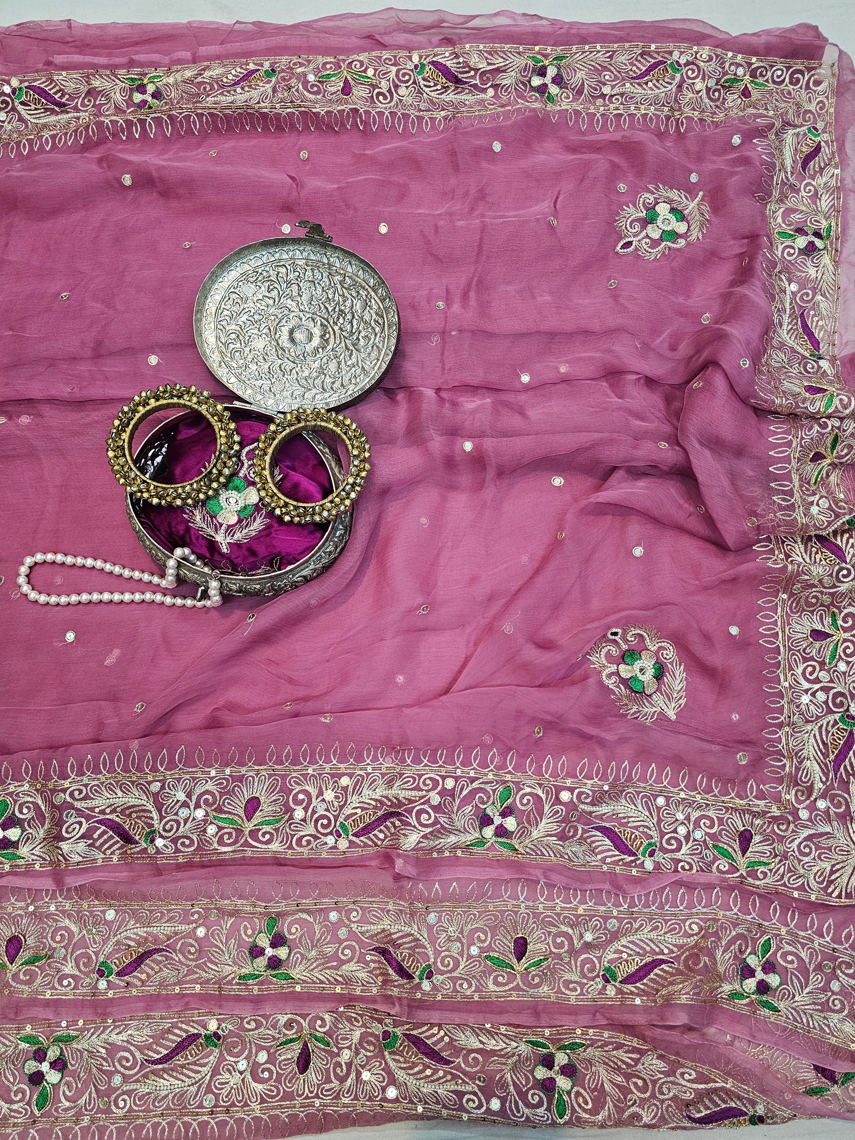 TURKISH ROSE HEAVY BORDER KASAB AND RESHAM CHIFFON SAARE