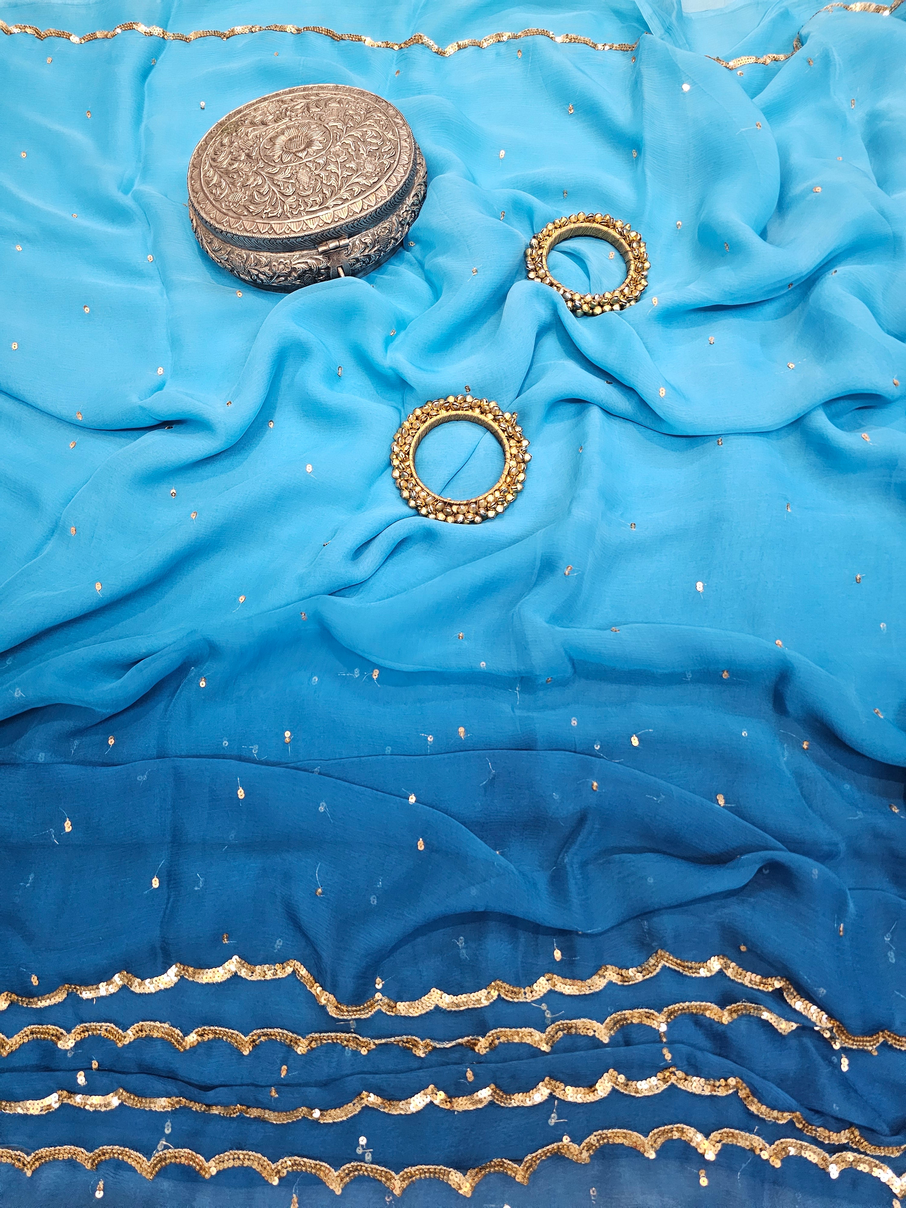 AZURE ROYALTY BLUE CUTWORK BORDER CHIFFON SAARE