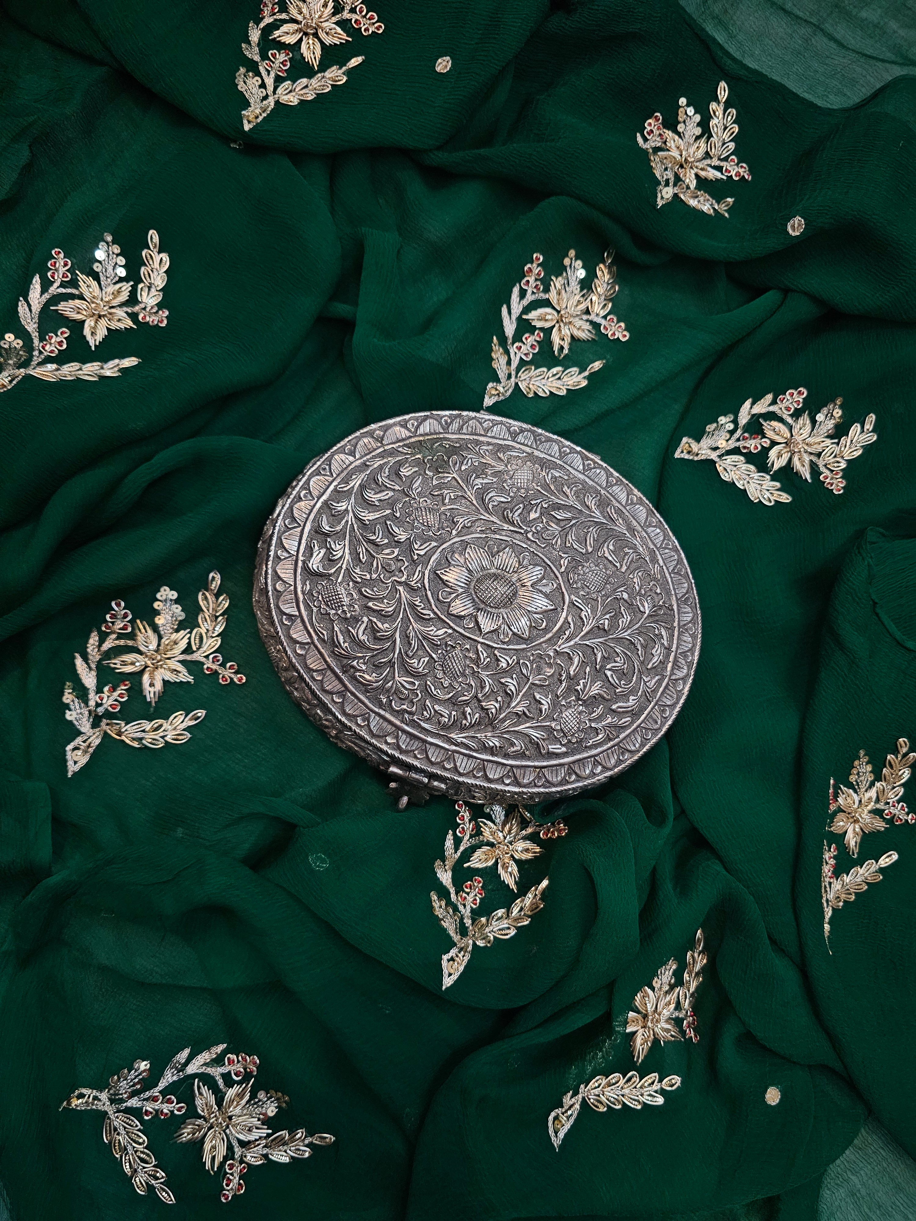 ZARDOSI FLORAL DARK GREEN MOTIF/BUTA CHIFFON SAARE